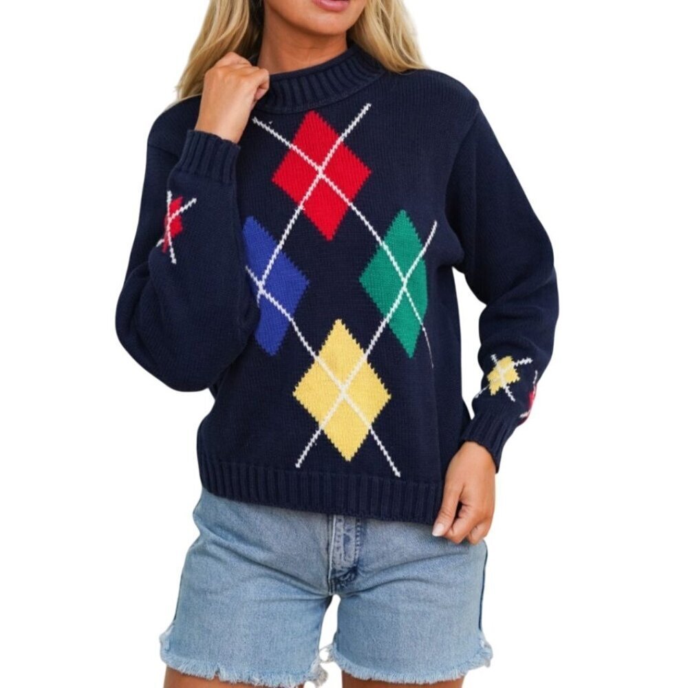 Lizsport Vintage Preppy Y2K Argyle Navy Crewneck Pullover Cotton Sweater Size S